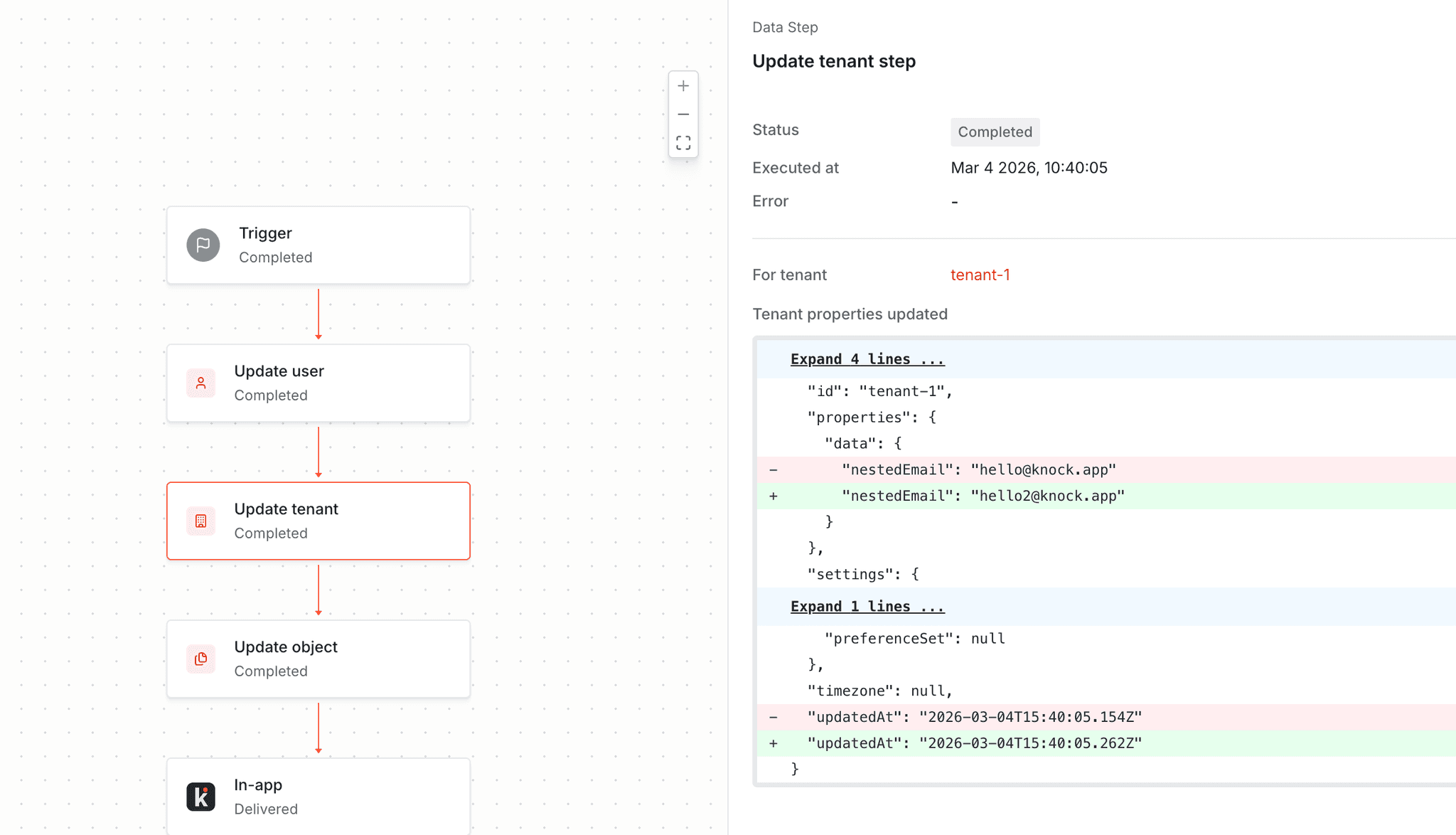 Before/after diff for an update tenant step in the workflow run logs.